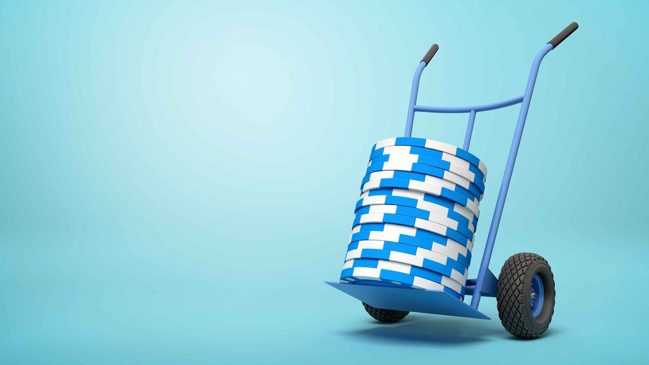 Blue poker chips on a trolley