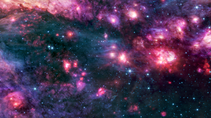 Webb’s MIRI (Mid-Infrared Instrument) shows the Sagittarius B2 (Sgr B2) region in mid-infrared light, with warm dust glowing brightly. To the right is one clump of clouds that captured astronomers’ attention.