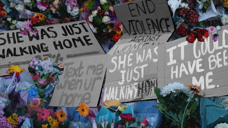 Collage image that shows flowers and signs at the Vigil for Sarah Everard, the signs read She was just walking home, text me when ur home, end violence against women and it could have been me