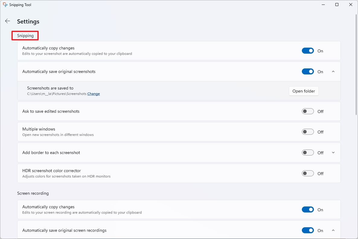 Change Snipping Tool settings