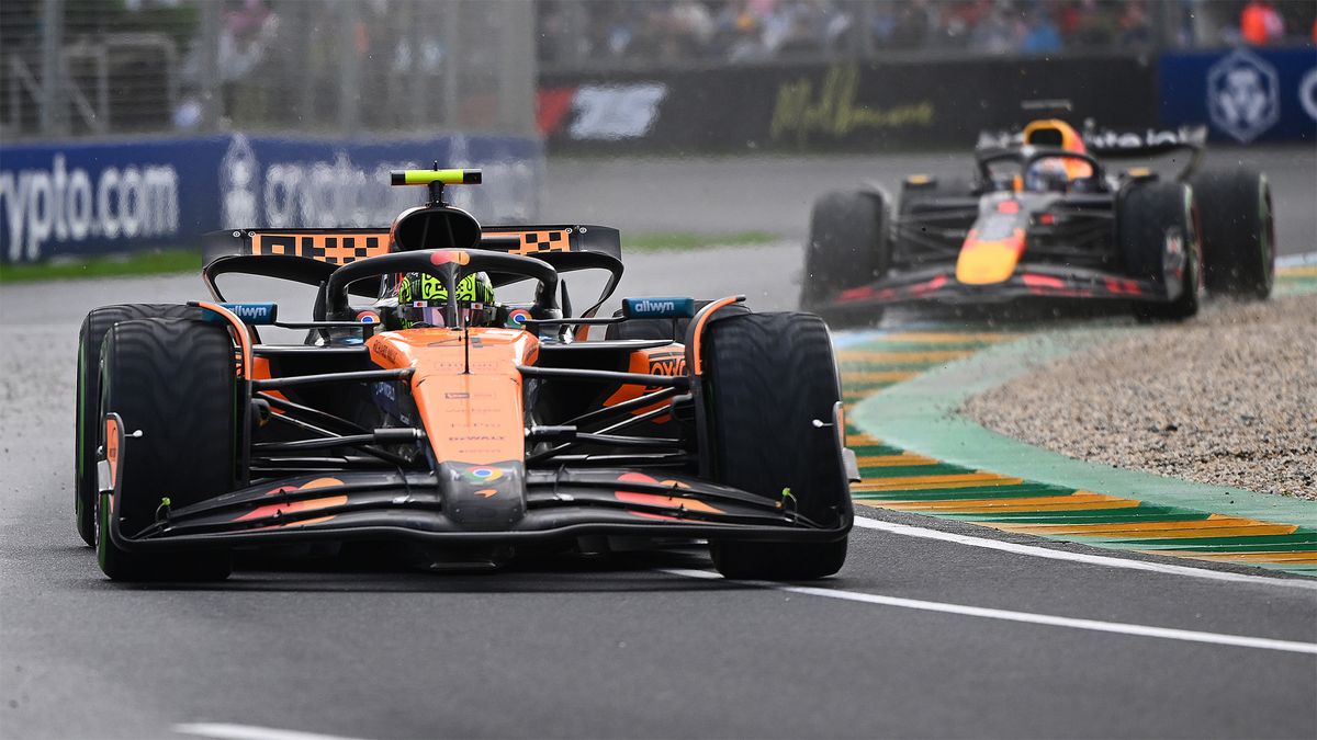 McLaren’s Lando Norris leads Red Bull’s Max Verstappen driving round a bend at the 2025 Australian Grand Prix