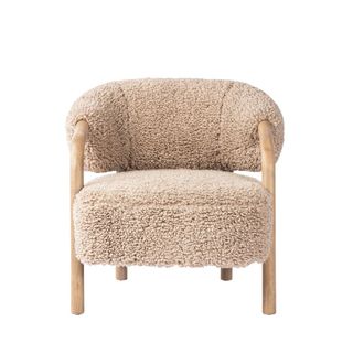 cream shearling accent chair with wooden frame