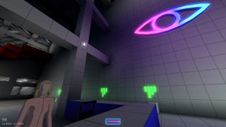 A receptionist stands beneath a gigantic eye