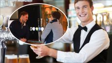 a bartender in a waistcoat pouring a pint with an inset of two golfers at the bar waiting to order a drink