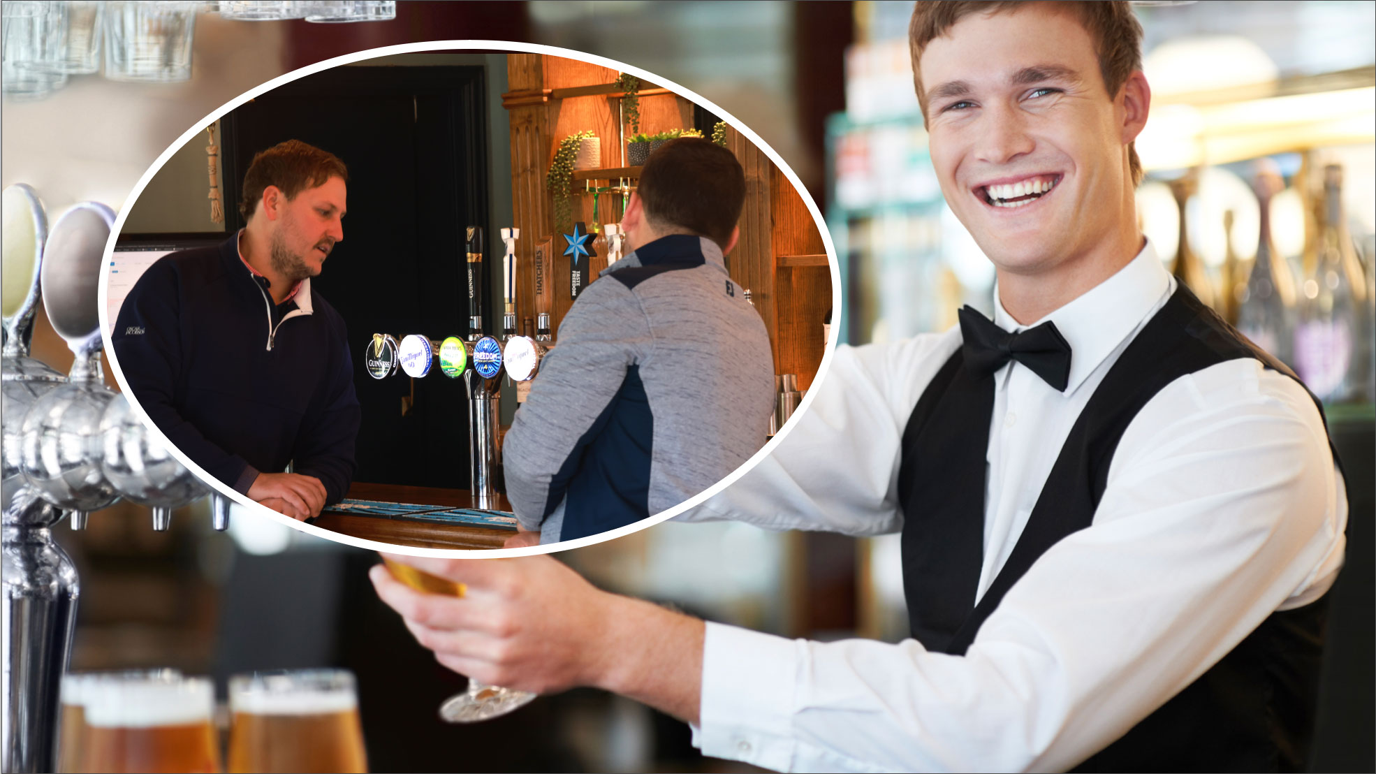 a bartender in a waistcoat pouring a pint with an inset of two golfers at the bar waiting to order a drink