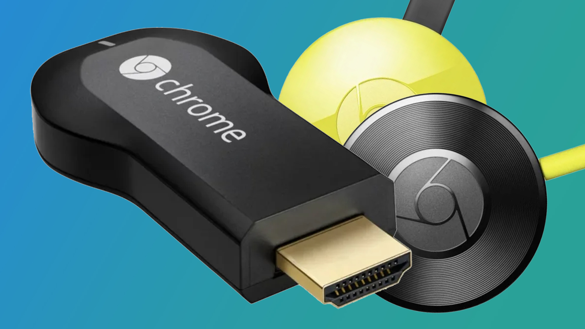 Tiga dongle Chromecast lama dengan latar belakang biru dan hijau