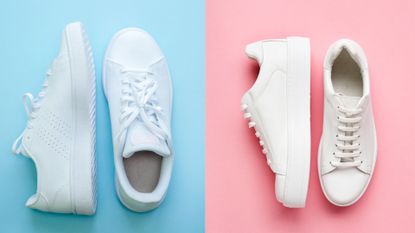 Overhead Shot Of White Sneakers On Pink Background White sports shoes over blue background, sports and casual clothing style concept. Summer or spring fashion.