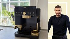 The Ninja Luxe Caf&eacute; Pro Coffee Machine by David Beckham o the counter in our test kitchen next to a cut out of David Beckham