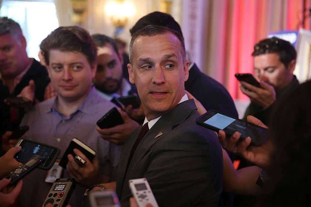 Trump campaign manager Corey Lewandowski talks to reporters