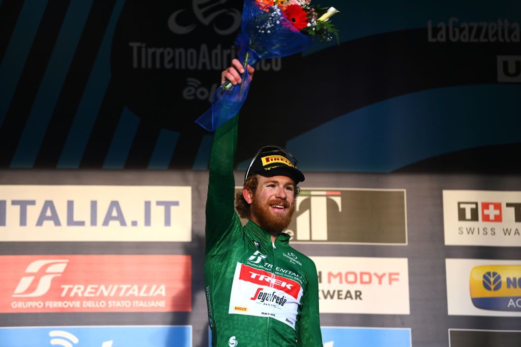 FERMO ITALY MARCH 11 Quinn Simmons of United States and Team Trek Segafredo Green Mountain Jersey celebrates at podium during the 57th TirrenoAdriatico 2022 Stage 5 a 155km stage from Sefro to Fermo 317m TirrenoAdriatico WorldTour on March 11 2022 in Fermo Italy Photo by Tim de WaeleGetty Images
