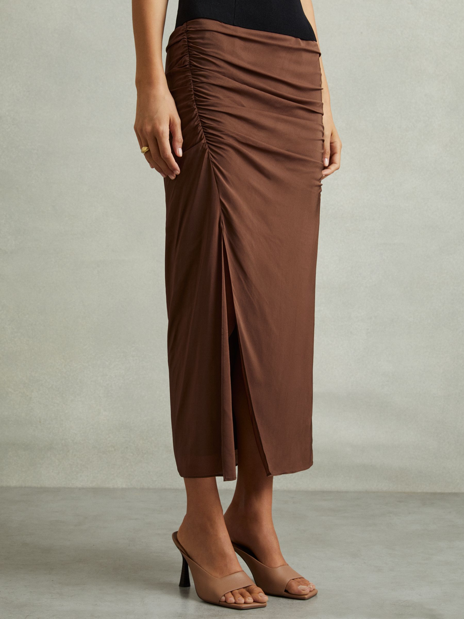 Ruched Front Split Midi Skirt in Chocolate