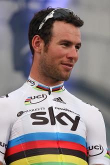 Mark Cavendish looking lean on the stage in Liège