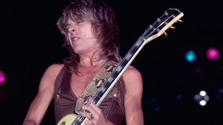 American Heavy Metal musician Randy Rhoads (1956-1982) plays guitar as he performs, during the 'Blizzard of Ozz Tour,' at Nassau Coliseum, Uniondale, New York, August 14, 1981.