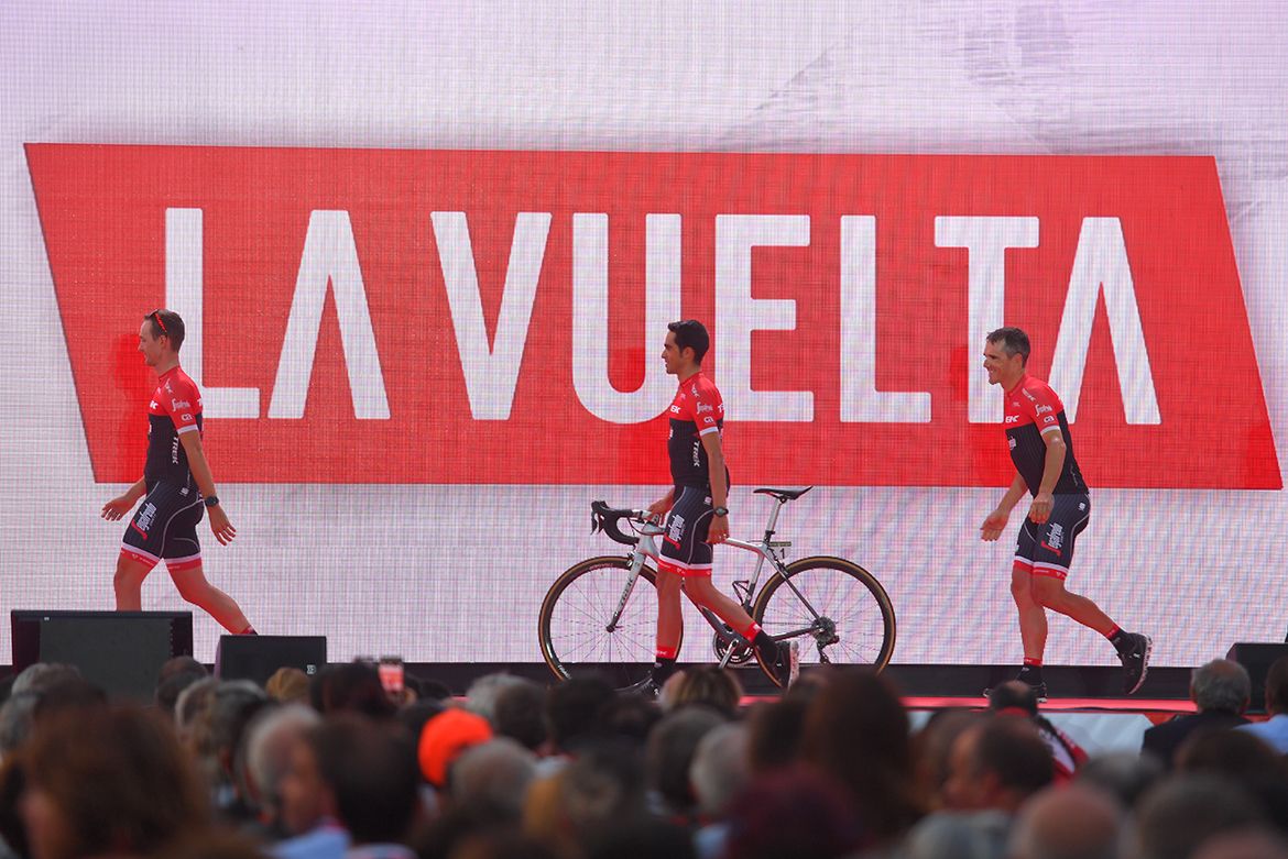 Alberto Contador hits the stage for his final pre-race teams presentation