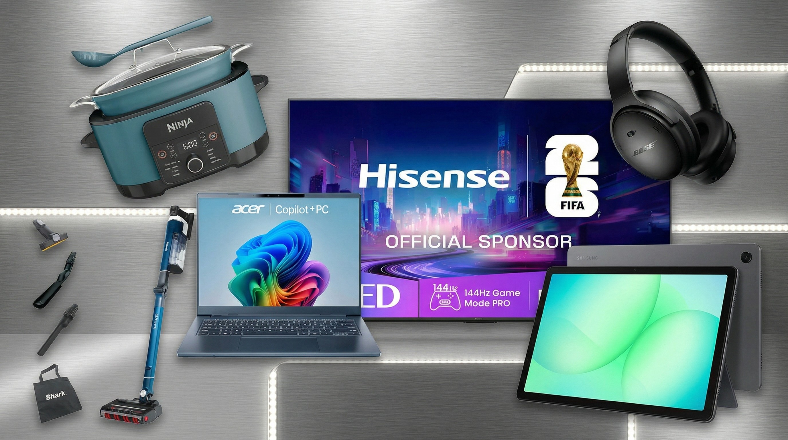 A collage of tech from the Currys Easter sale, including a Hisense TV, Bose headphones, Samsung tablet, Shark vacuum, Ninja cooker and Acer tablet.
