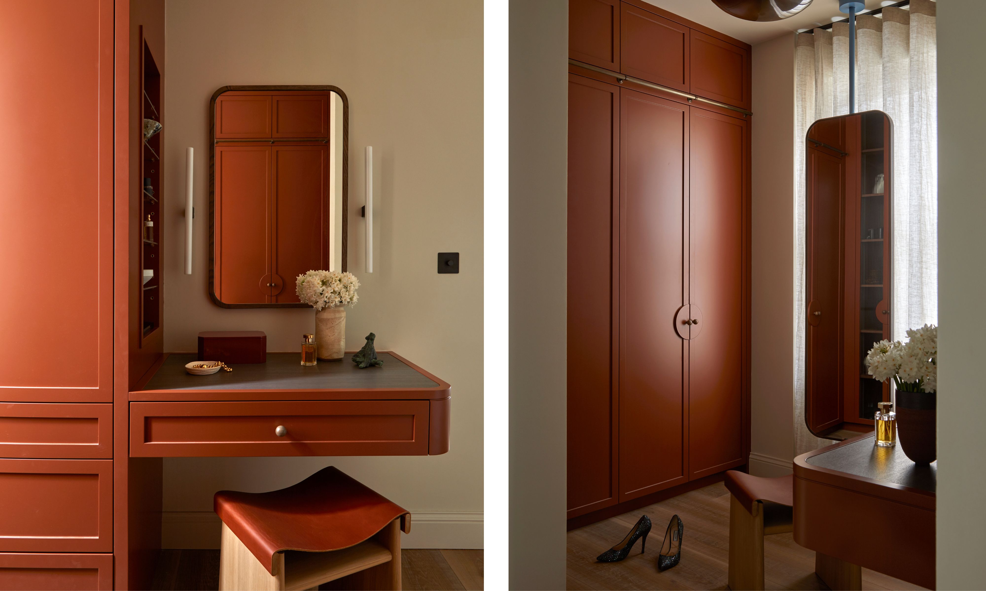 dressing room with terracotta joinery and hanging mirror on a pole in front of the window