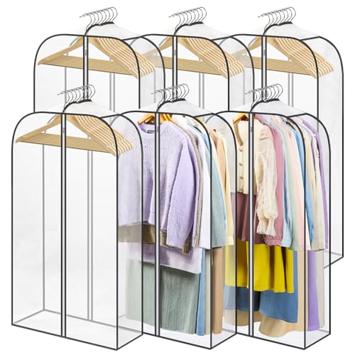 Landneoo 6 Pack Clear Garment Bags for Hanging Clothes With Zippers on Double Sides - 10'' Clothes Storage for Coat, Dress, and Fur in Closet - 40'' Long Suit Bags