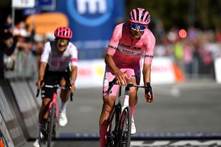 CHAMPOLUC ITALY MAY 30 Isaac Del Toro of Mexico and Team UAE Team Emirates XRG Pink Leader Jersey crosses the finish line on second place during the 108th Giro dItalia 2025 Stage 19 a 166km stage from Biella to Champoluc 1574m UCIWT on May 30 2025 in Champoluc Italy Photo by Dario BelingheriGetty Images