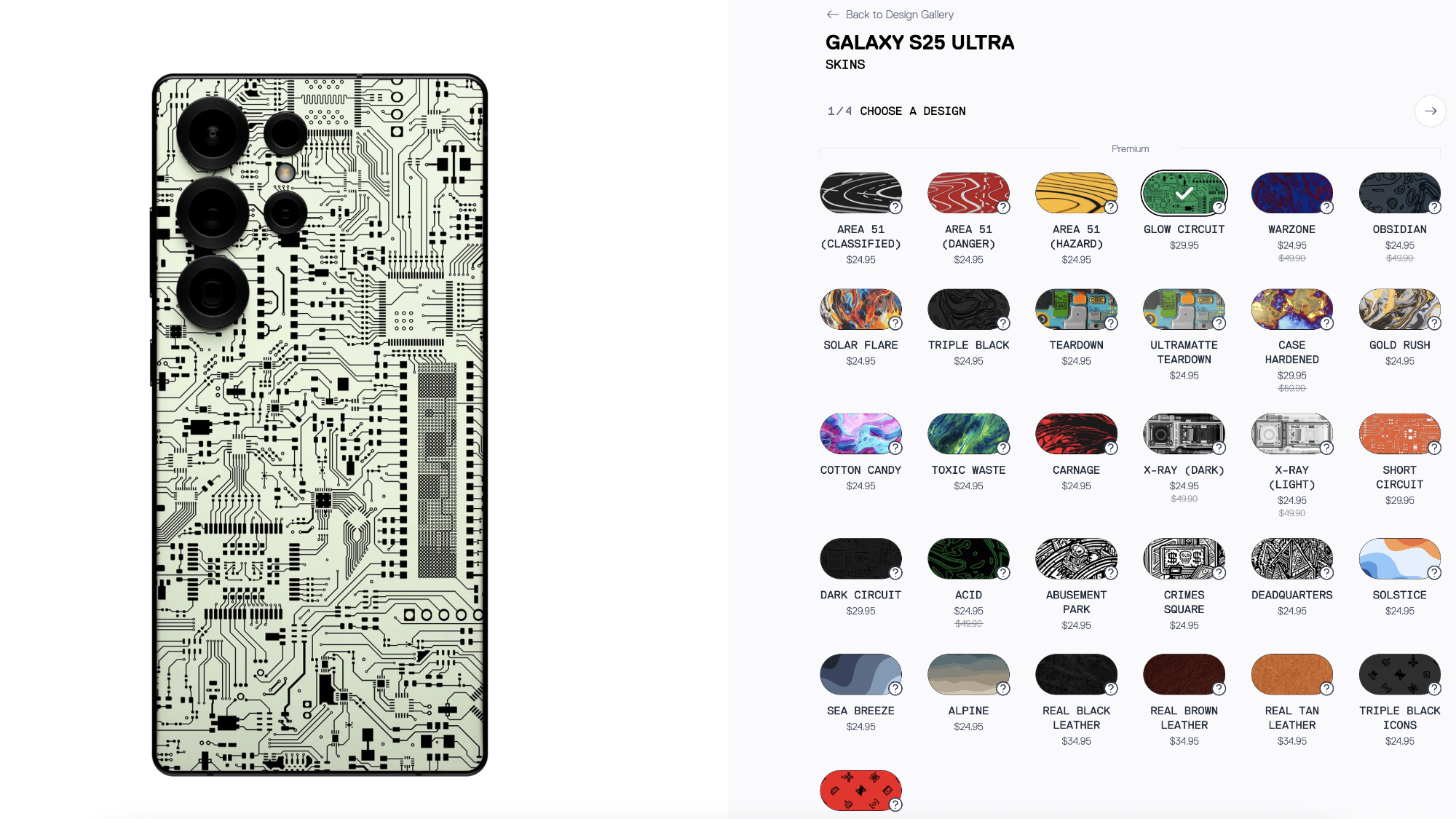 Samsung Galaxy S25 Ultra with "Glow Circuit" Skin on Dbrand's website