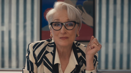 Meryl Streep as Miranda Preistly with black and white blazer on in The Devil Wears Prada 2