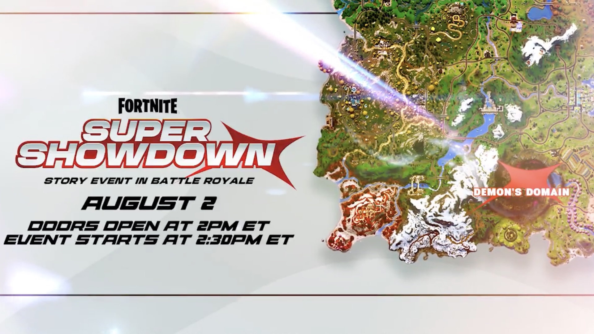 Super Showdown event details beside the current map. A red star is shown over Demon's Domain