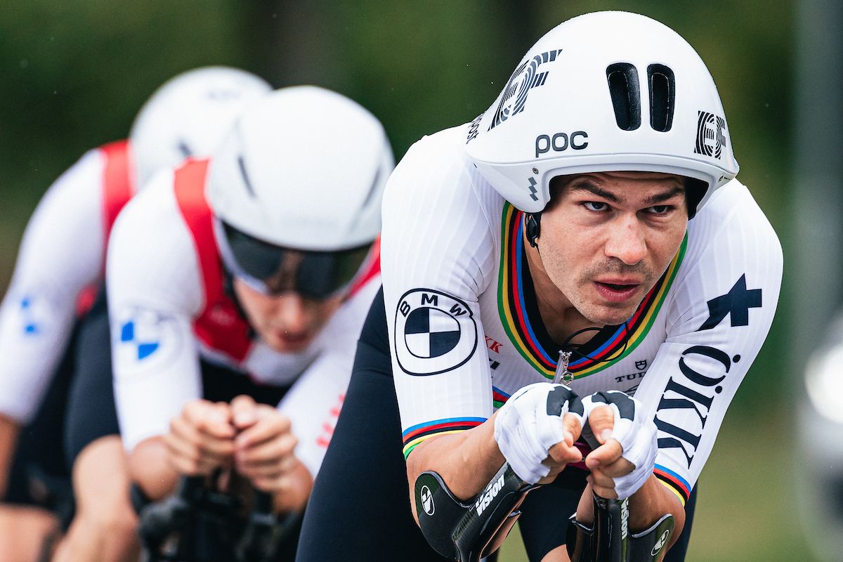 Stefan Bissegger relishing a rare chance to wear his mixed relay TTT World Champion's rainbow jersey
