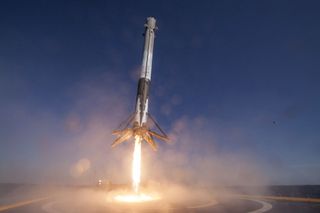 Retro-propulsion trial by fire. SpaceX first stage landing taken by remote camera photo from "Of Course I Still Love You" droneship on April 8, 2016.