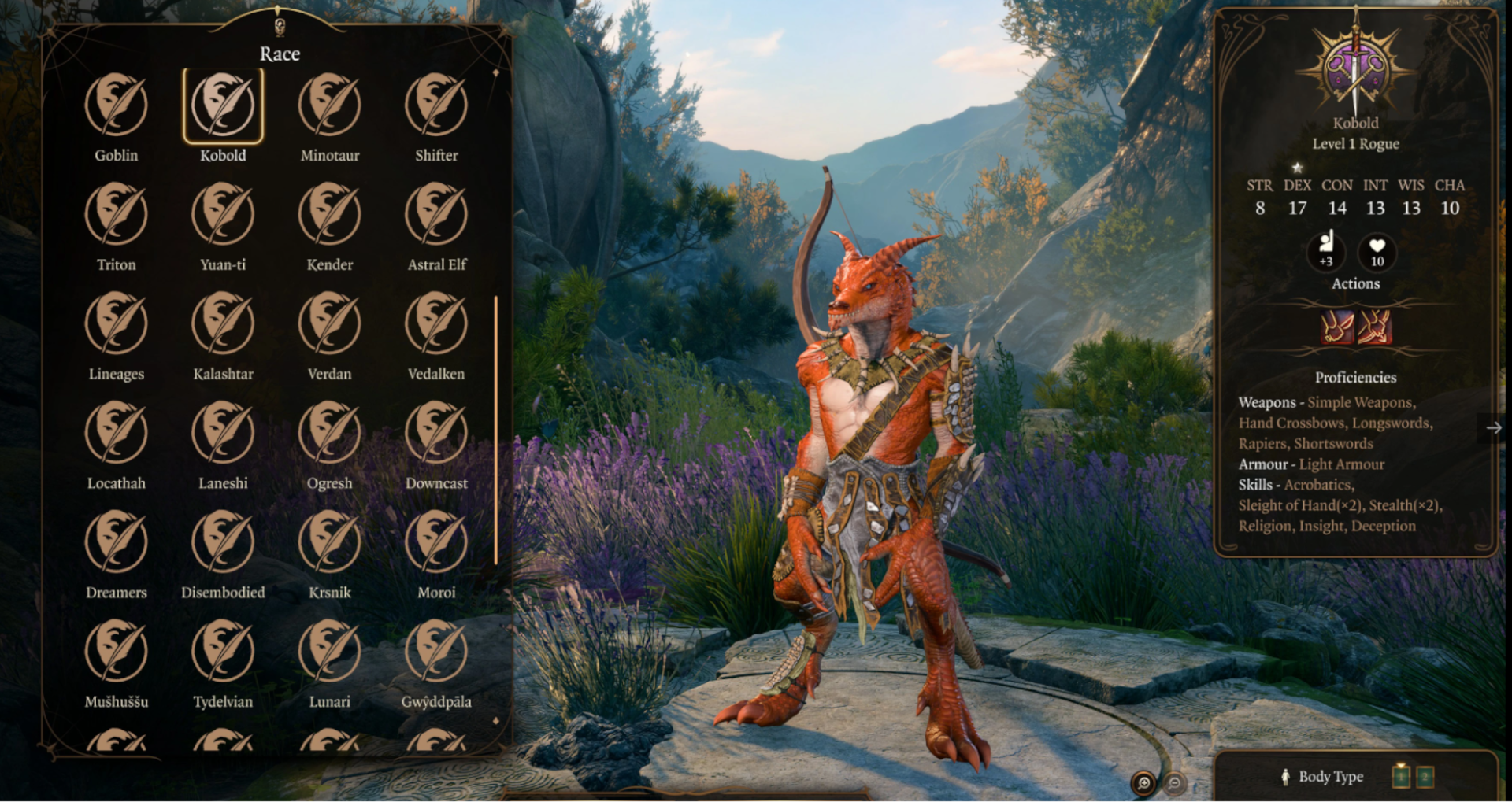 A kobold stands ready in the Baldur's Gate 3 character creation screen.