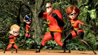 Mr. Incredible, Elasti-Girl, Dash and Violet suited up and about to fight bad guys in jungle setting