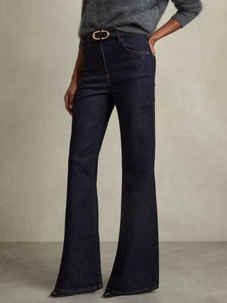 Petite Mid-Rise Flared Jeans in Dark Blue