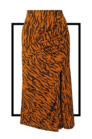 Edna Gathered Tiger-Print Midi Skirt