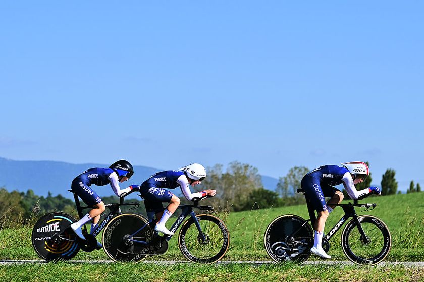 ETOILE-SUR-RHONE, FRANCE - OCTOBER 02: A general view of Cedrine Kerbaol, Juliette Labous, Marion Borras and Team France compete during the 31st UEC Road Cycling European Championships 2025 - Mixed Team Relay Elite a 40km race from Etoile-sur-Rhone to Etoile-sur-Rhone on October 02, 2025 in Etoile-sur-Rhone, France. (Photo by Billy Ceusters/Getty Images)