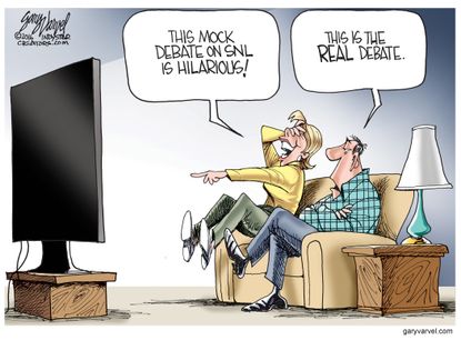 Political cartoon U.S. 2016 election presidential debate SNL mock