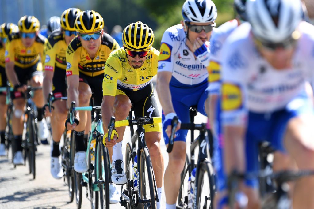 ORCIERES FRANCE SEPTEMBER 01 Julian Alaphilippe of France and Team Deceuninck QuickStep Yellow Leader Jersey during the 107th Tour de France 2020 Stage 4 a 1605km stage from Sisteron to OrcieresMerlette 1825m TDF2020 LeTour on September 01 2020 in Orcieres France Photo by Tim de WaeleGetty Images