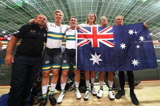 Sam Welsford, Kelland O'Brien, Leigh Howard and Alexander Porter of Australia celebrate winning the gold medal in a world record time in the Men's Team Pursuit Final