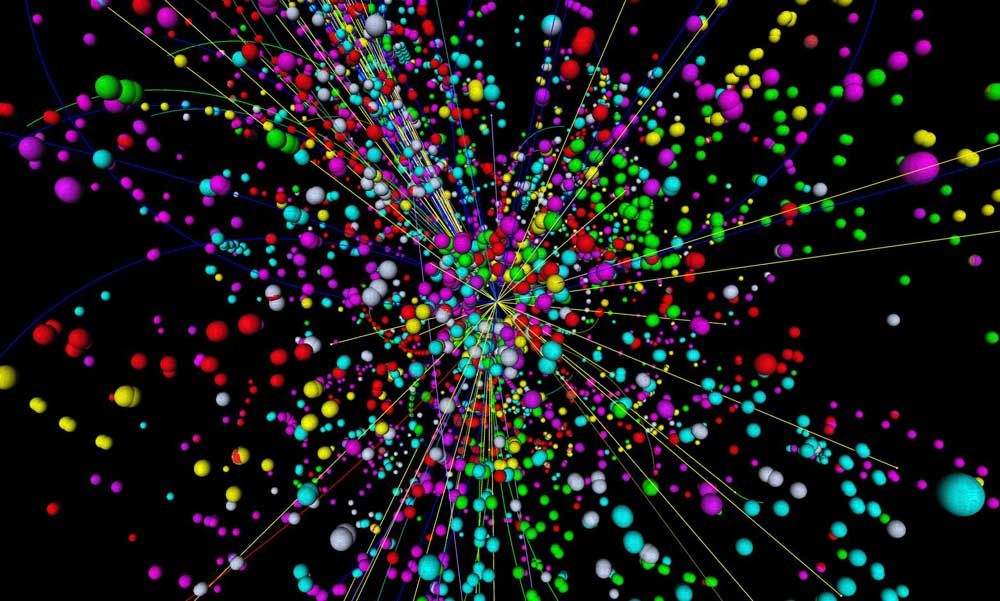 A simulation of a particle collision inside the Large Hadron Collider, the world&#039;s largest particle accelerator near Geneva, Switzerland. When two protons collide inside the machine, they create an energetic explosion that gives rise to new and 