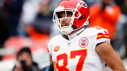 ight end Travis Kelce #87 of the Kansas City Chiefs stands on the field while warming up before a game against the Denver Broncos at Empower Field at Mile High on October 29, 2023 in Denver, Colorado