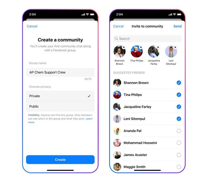 Images showing how users can create a Community Chat for Messenger and Facebook.