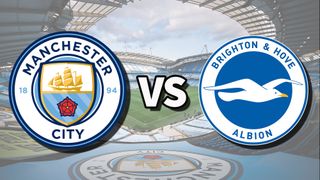 The Manchester City and Brighton & Hove Albion club badges on top of a photo of the Etihad Stadium in Manchester, England