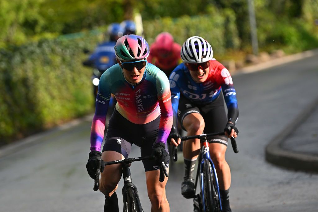 LIEGE BELGIUM APRIL 24 LR Elise Chabbey of Switzerland and Team CanyonSRAM Racing and Grace Brown of Australia and Team FDJ Suez compete in the breakaway during the 8th Liege Bastogne Liege Femmes 2024 a 1529km one day race from Bastogne to Liege UCIWWT on April 24 2024 in Liege Belgium Photo by Luc ClaessenGetty Images