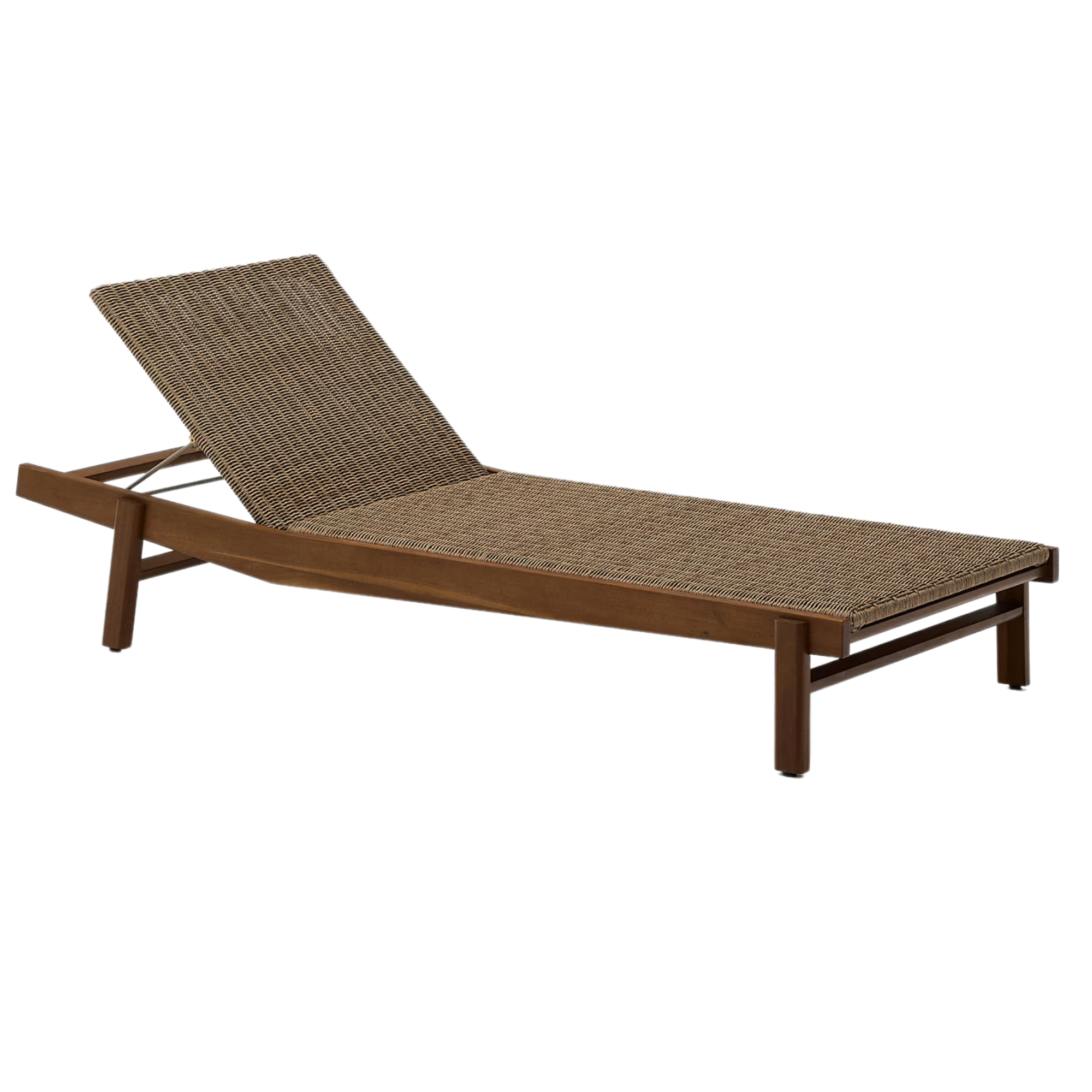 outdoor sun lounger with a wood frame and a rattan surface