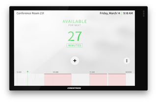 The Crestron Flex Scheduling control panel for room scheduling.