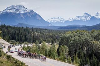 The Tour of Alberta peloton rides in the shadow of the Rocky Mountains in 2015.