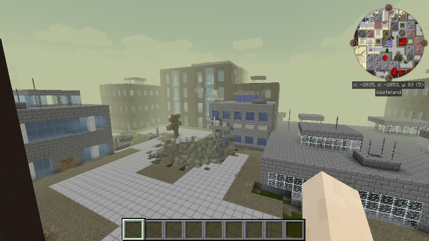 Minecraft mods - Lost Cities - An open city block surrounded by cobblestone and glass city buildings.