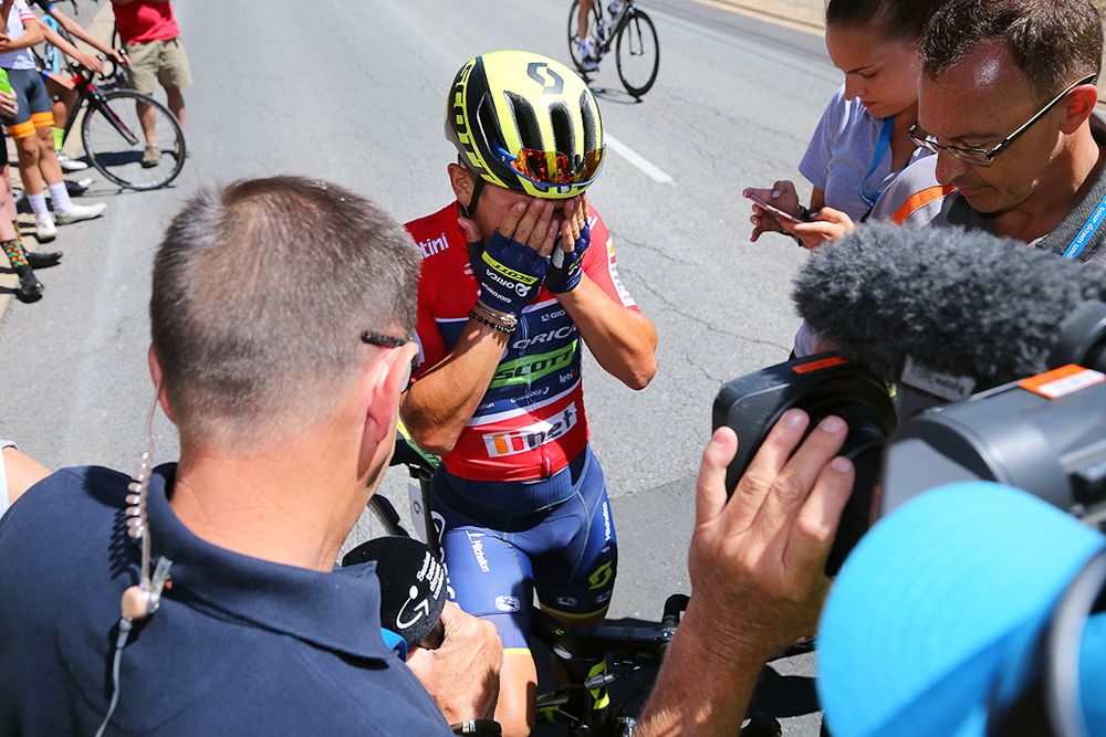 Caleb Ewan reacts to winning stage 4 at the tour Down Under