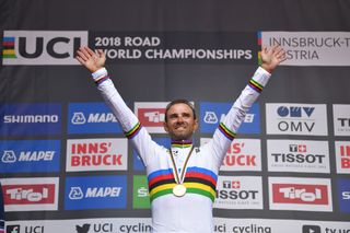 2018 Road World Championships: Alejandro Valverde celebrates the win in the elite men's road race