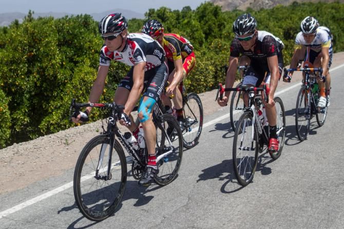 Chris Baldwin (Bissell) leads the break.
