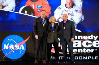 U.S. Astronaut Hall of Fame inductees Michael Lopez-Alegria; Pam Melroy, who currently serves as NASA deputy administrator; and Scott Kelly at the Kennedy Space Center Visitor Complex in Florida on Saturday, Nov. 13, 2021.