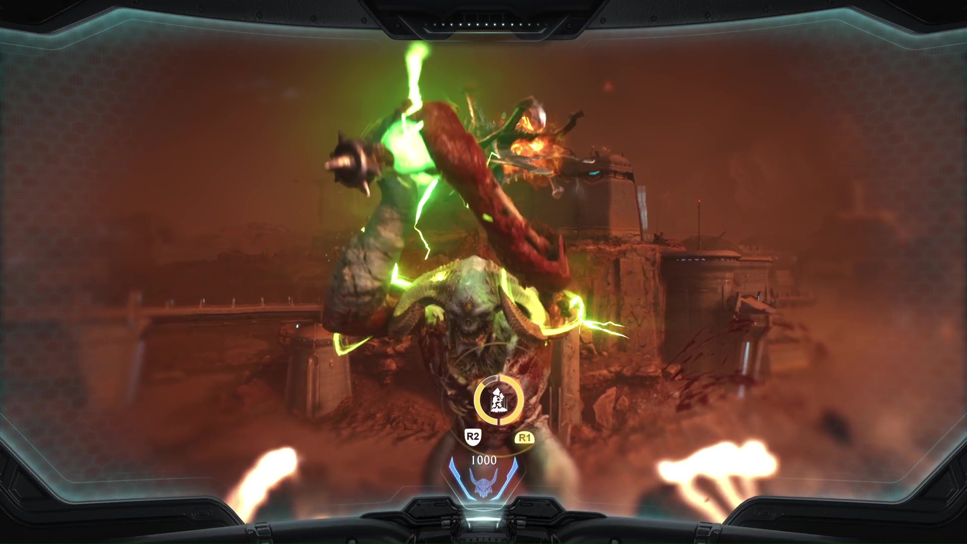 A demon titan attacks the Doom Slayer in Doom The Dark Ages while he pilots an Atlan mech in first-person