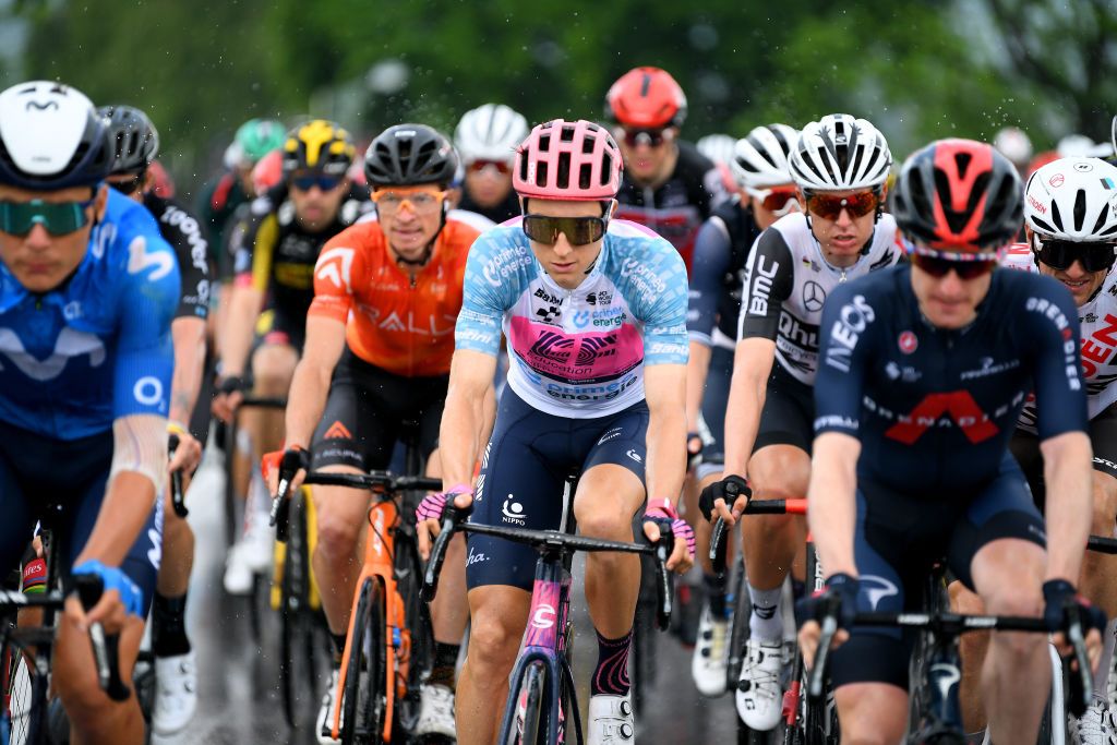 GSTAAD SWITZERLAND JUNE 09 Neilson Powless of United States and Team EF Education Nippo White Best Young Rider Jersey during the 84th Tour de Suisse 2021 Stage 4 a 171km stage from St Urbanto Gstaad 1004m UCIworldtour tds tourdesuisse on June 09 2021 in Gstaad Switzerland Photo by Tim de WaeleGetty Images